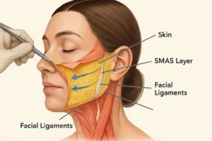 Mid face lift anatomy illustration showing cheek elevation and facial rejuvenation