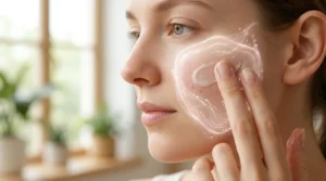 Close-up of woman applying moisturizer to cheek with glowing skin barrier shield overlay
