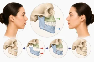 Double jaw surgery procedure illustration showing jaw alignment correction and before and after facial profile transformation