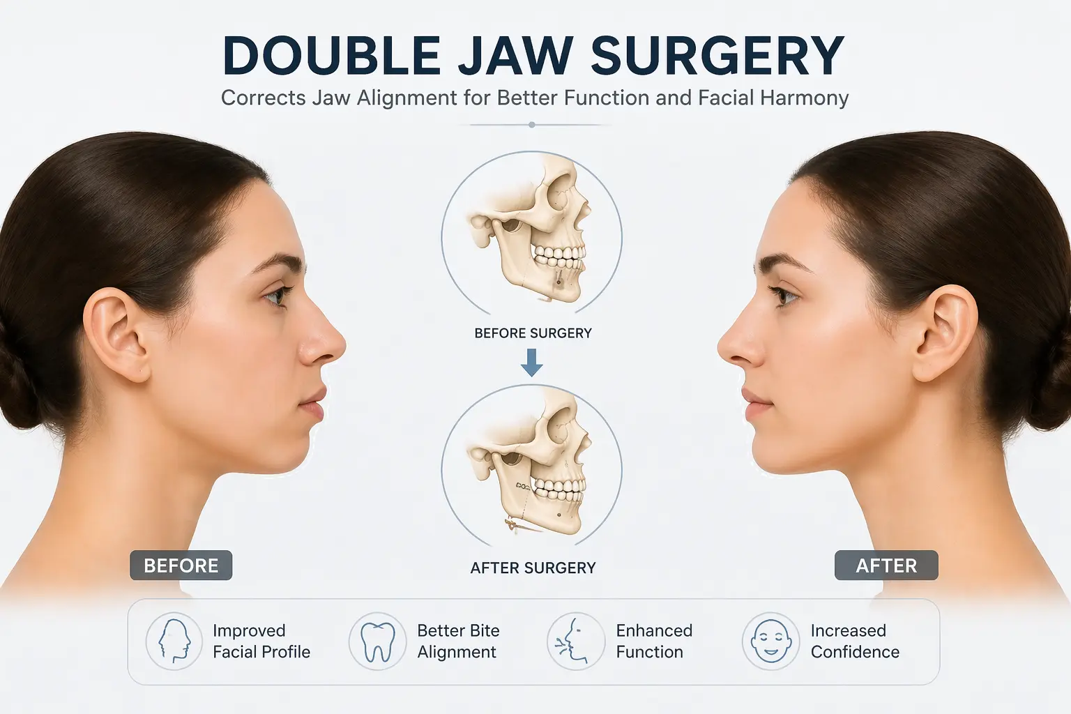 Double jaw surgery results before and after with improved facial symmetry