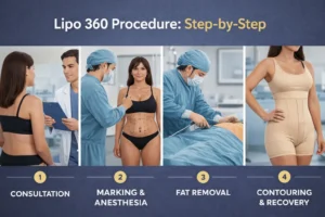 Lipo 360 procedure step by step showing consultation marking fat removal and recovery process