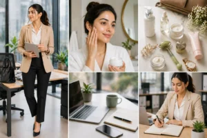workplace styling skincare tips professional office look with glowing healthy skin and daily skincare routine