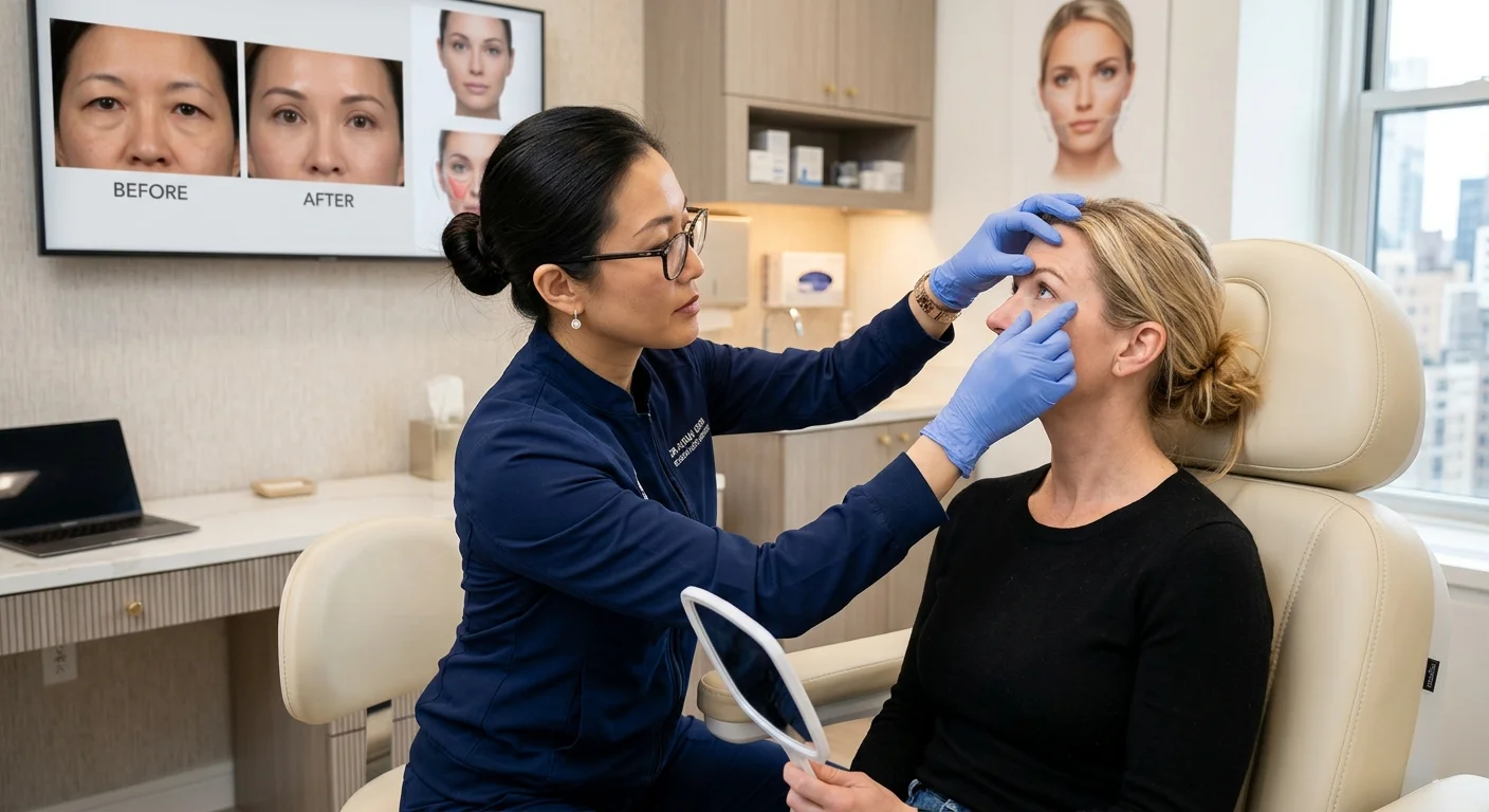 An experienced female oculoplastic surgeon in a modern NYC aesthetic clinic carefully evaluating a patient's eyelids during a consultation