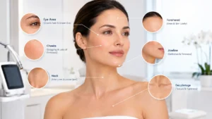 Laser skin tightening treatment areas including the face, jawline, neck, and décolletage