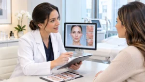 Laser skin tightening treatment planning and consultation with a patient
