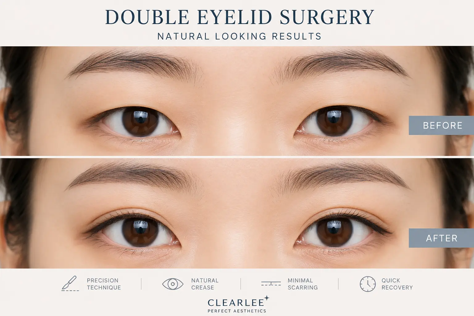 Double eyelid before and after comparison showing natural eyelid crease enhancement