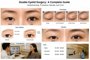 Double eyelid surgery procedure step by step diagram showing eyelid crease formation