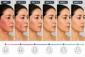 Endolift recovery day by day timeline showing healing stages from swelling to smooth skin results