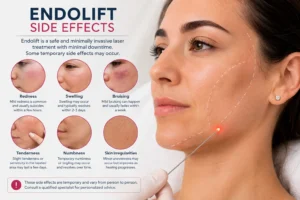 Endolift side effects infographic showing redness swelling and bruising after laser skin tightening treatment