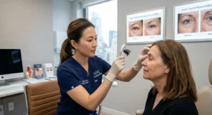 Eyelid assessment and clinical consultation conducted by a specialist oculoplastic surgeon near me.
