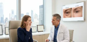 High-end cosmetic surgery consultation in a modern NYC clinic with a doctor and patient discussing under-eye bag removal next to a blepharoplasty before-and-after display.