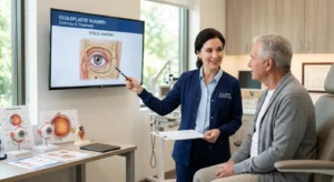 Oculoplastic surgeon NYC consulting with a patient in a modern medical clinic, featuring eye models on the desk.