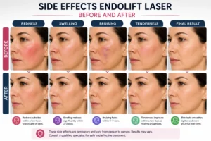 Side effects endolift laser before and after showing redness swelling bruising and final skin improvement results