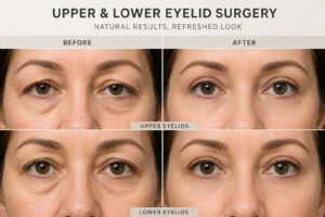 Upper and lower eyelid surgery before and after results with natural lighting