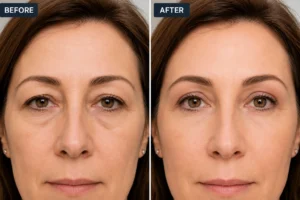 Upper blepharoplasty before and after comparison showing eyelid rejuvenation results