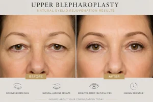 Upper blepharoplasty before and after showing natural eyelid rejuvenation results in aesthetic clinic