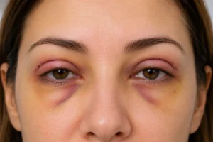 Upper blepharoplasty recovery showing early healing with swelling and bruising around eyes