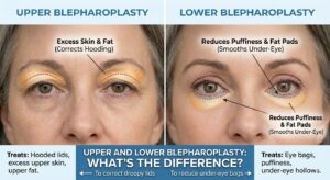 Before and after composite image comparing upper blepharoplasty (correcting hooded eyelids on the left) with lower blepharoplasty (reducing under-eye bags on the right), with instructional overlays.