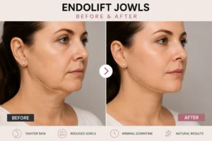endolift jowls before and after showing visible jawline tightening, reduced sagging skin, and natural non surgical facial contouring results