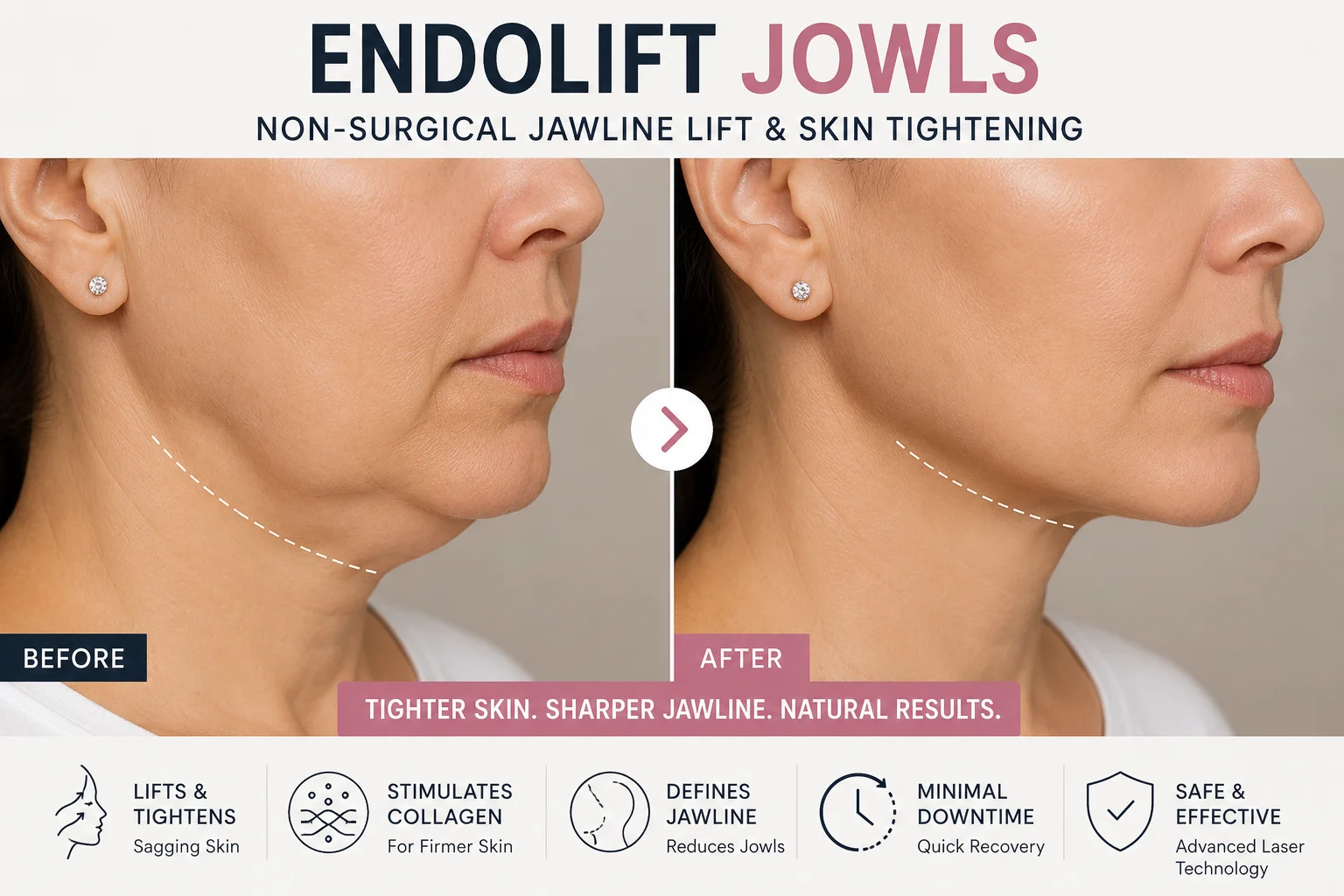 endolift jowls before and after results showing non surgical jawline lift and skin tightening with visible reduction in sagging jowls