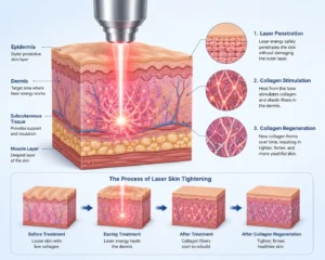 how laser skin tightening works diagram showing collagen stimulation in skin layers