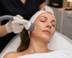 laser skin tightening treatment on face using handheld device in aesthetic clinic