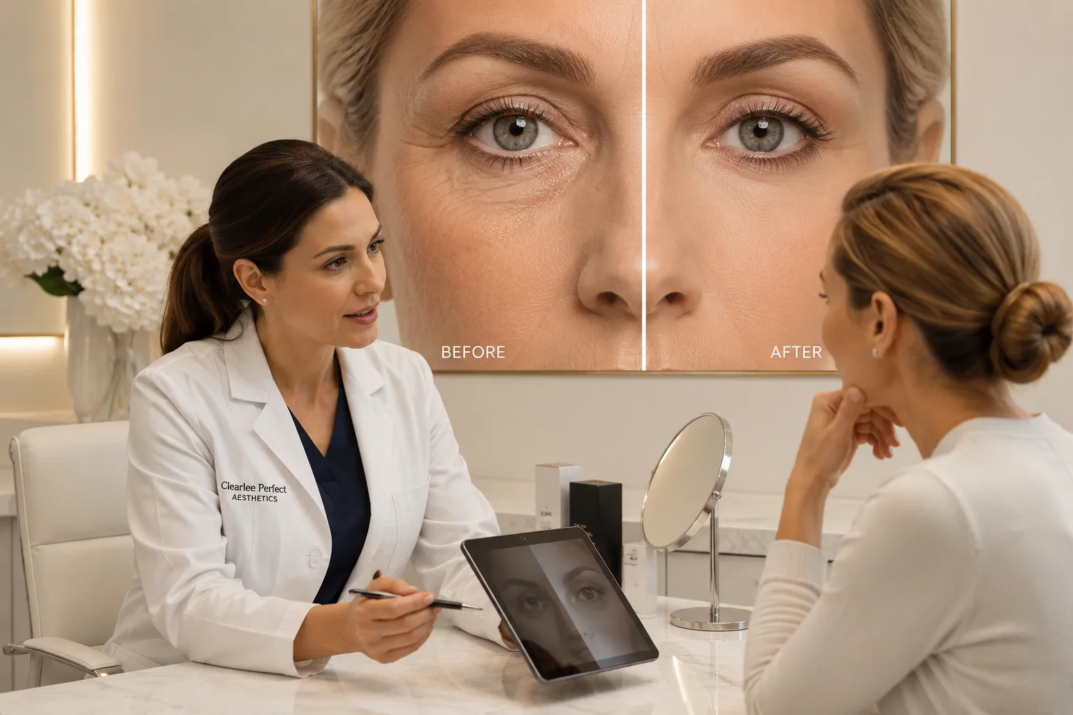 High-end aesthetic clinic consultation showing upper blepharoplasty celebrities inspired eyelid surgery before and after discussion in a luxury medical environment