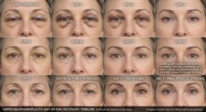 Day-by-day healing timeline of upper blepharoplasty showing bruising reduction and final results over three weeks.