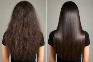 Before and after Hair Botox Treatment showing frizzy hair transformed into smooth shiny hair