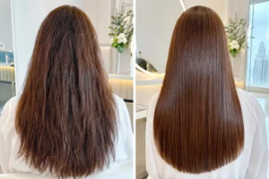 Before and after Hair Botox treatment showing frizz reduction and shine restoration