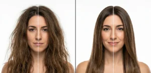 Before and after results of botox treatment for hair showing frizz reduction and shine improvement