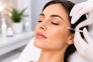 Patient receiving Cosmetic Botox injections around the eye area for wrinkle reduction and facial rejuvenation