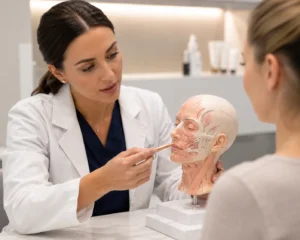 Consultation explaining collagen stimulating injections
