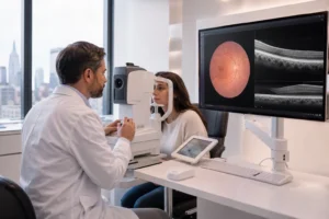 Dry eye specialist near me performing a comprehensive eye examination in a modern eye clinic