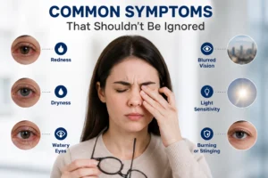 Dry eye specialist near me showing common dry eye symptoms including redness, burning, watery eyes, blurred vision, and light sensitivity