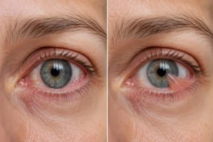 Comparison of dry eye disease and pterygium showing eye redness and tissue growth toward the cornea.