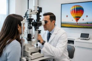 Patient undergoing a hot air balloon eye test with a dry eye specialist near me