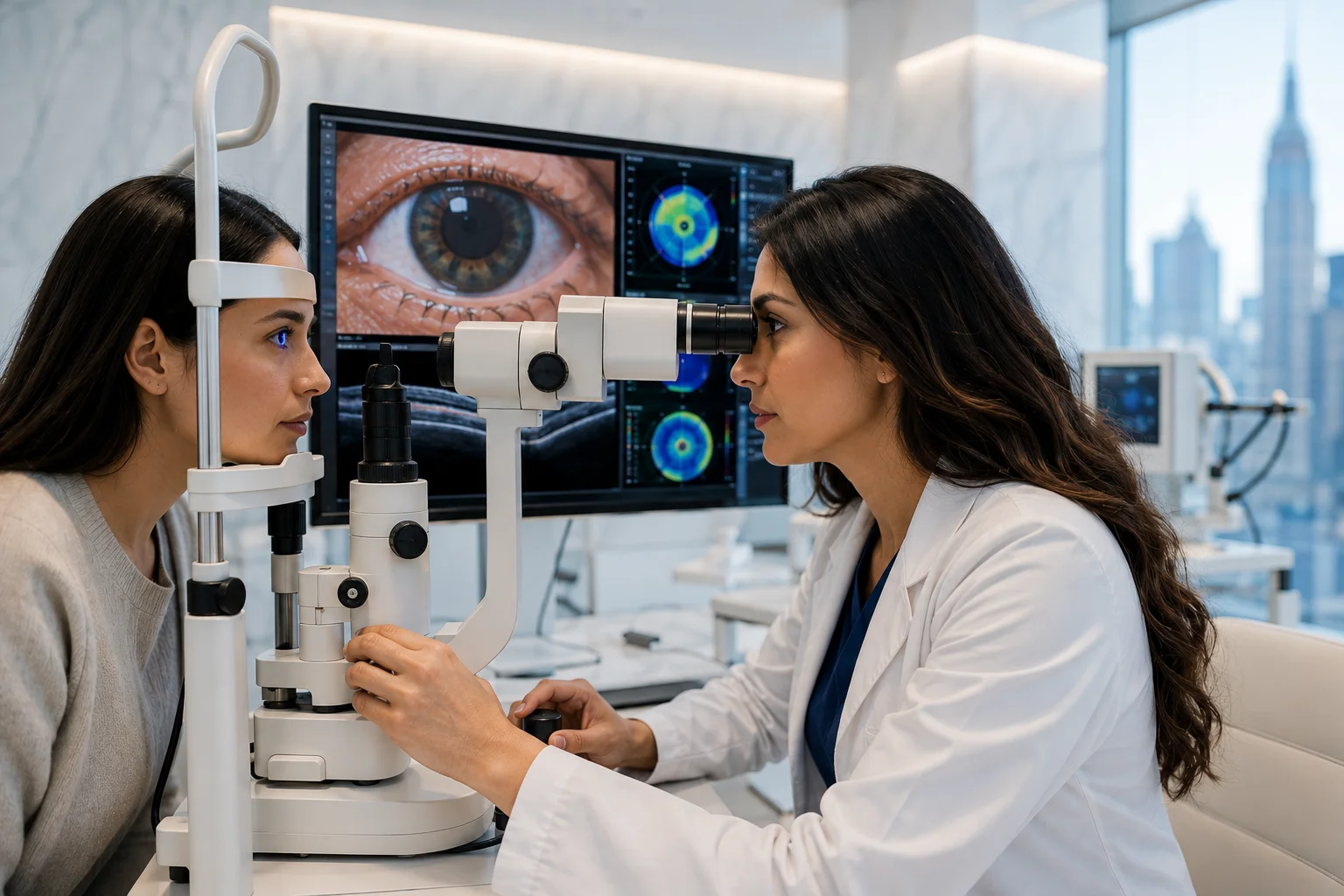 Dry eye specialist near me performing an advanced eye examination using modern diagnostic technology in a premium ophthalmology clinic.