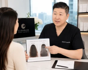 Dr. David H. Lee MD consulting with patient about Hair Botox treatment options at ClearLee
