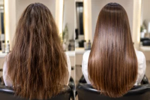 Hair Botox before and after results showing smoother shinier and healthier-looking hair
