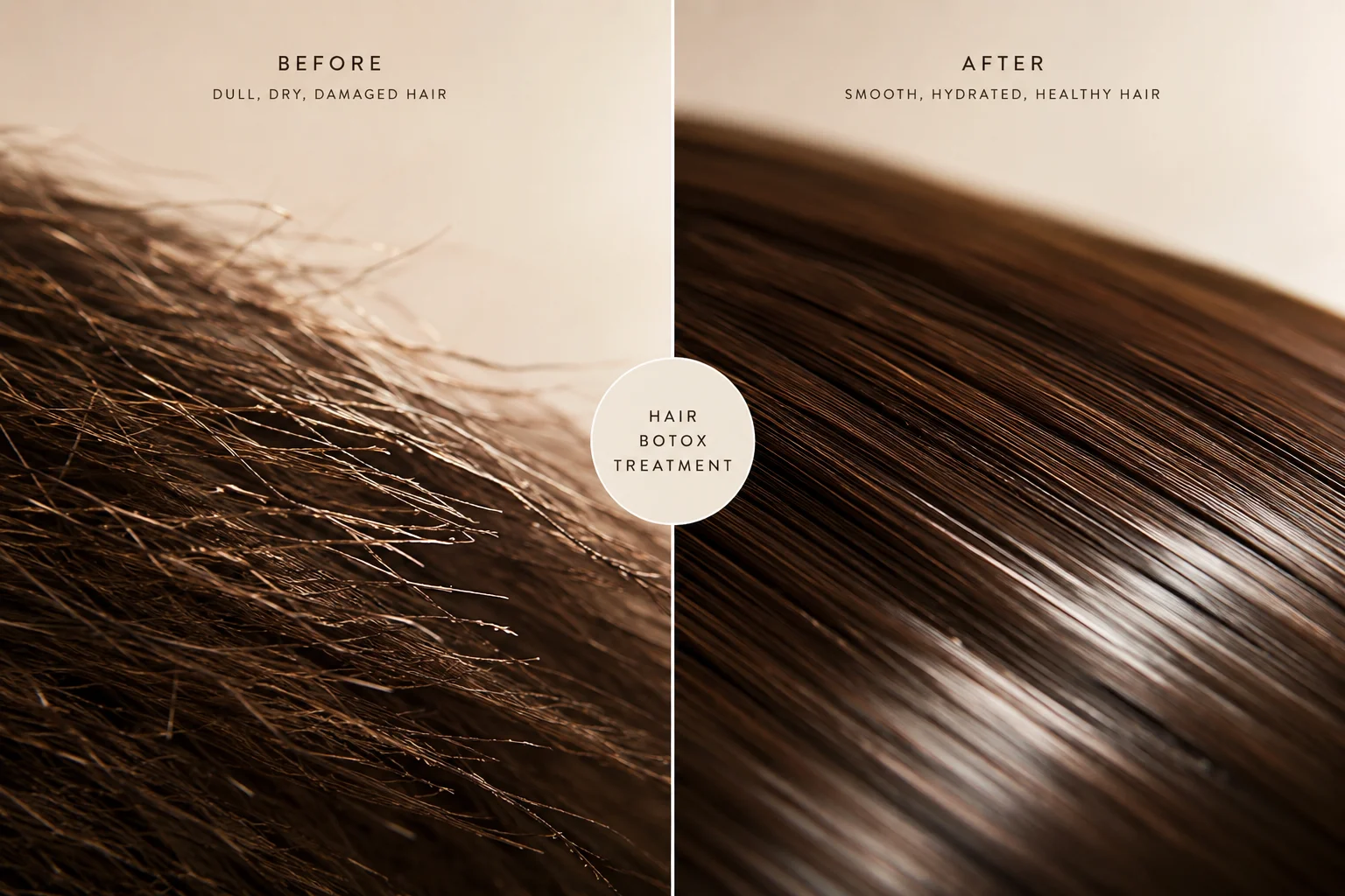 Hair Botox before and after results showing smoother texture and reduced frizz