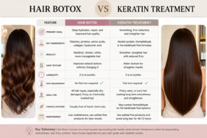 Hair Botox vs keratin treatment comparison chart showing differences in results and longevity