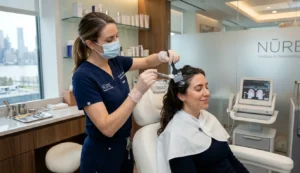 Hair botox treatment being applied in a professional NYC medical aesthetics clinic