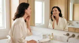 Adult patient examining smoother firmer facial skin in mirror several weeks after skin tightening laser treatment