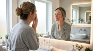 Woman applying soothing lotion after skin tightening laser treatment to ensure skin recovery.