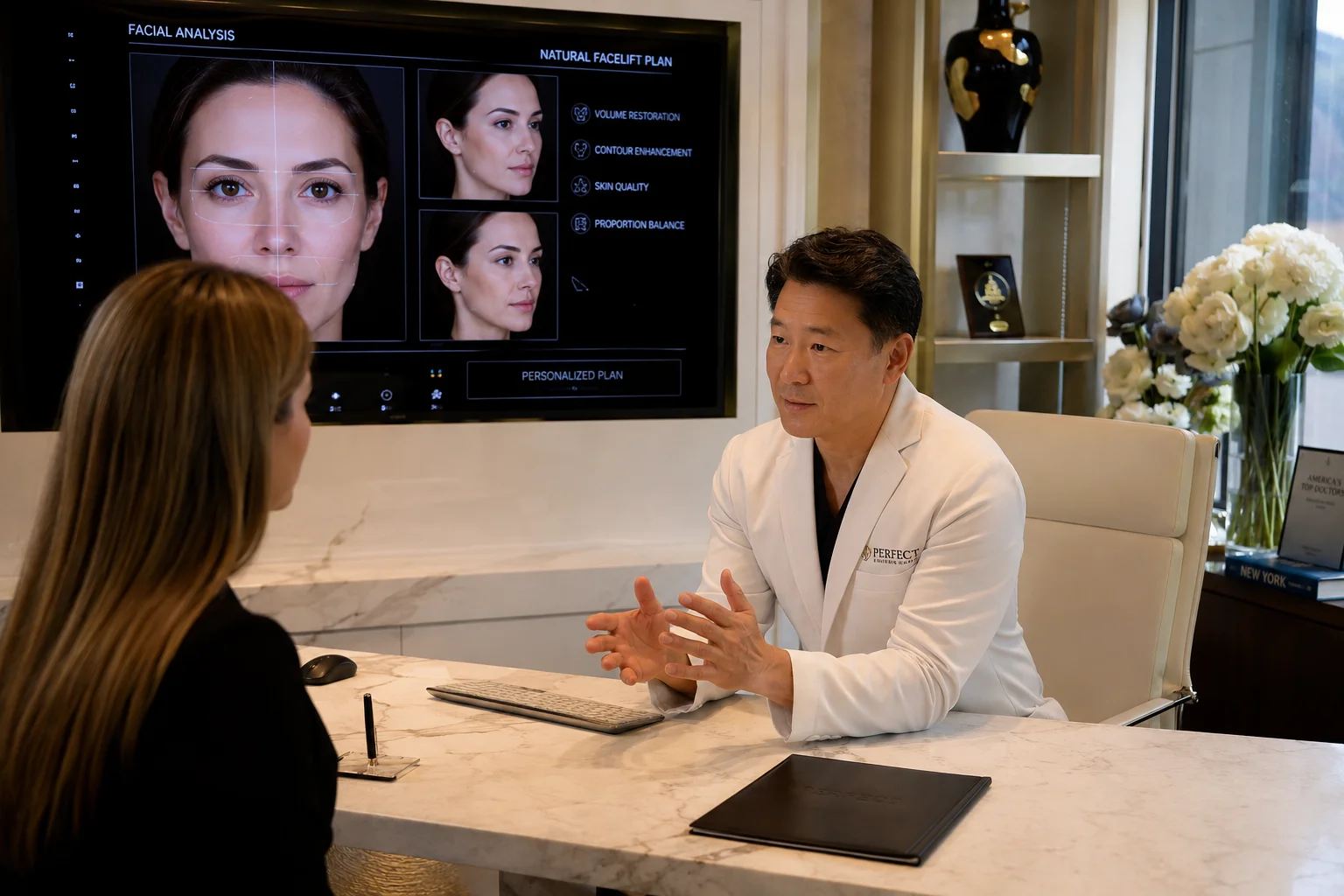 Board-certified physician discussing a personalized natural facelift treatment plan with a patient in NYC.