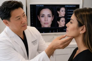 Physician assessing facial structure during a natural facelift consultation.