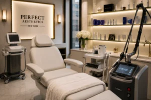 Elegant medical aesthetics treatment room featuring advanced laser and skin rejuvenation technology prepared for non-surgical facial treatments. Modern equipment, luxury clinic design, clean and welcoming atmosphere, New York City aesthetic practice.