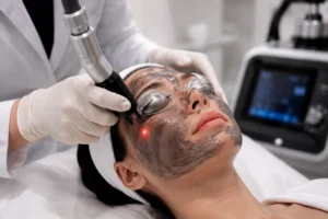 Carbon peel laser treatment removing impurities from the skin.