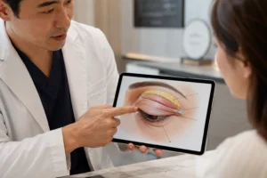 Medical provider explaining how Upneeq eye drop helps temporarily lift droopy upper eyelids